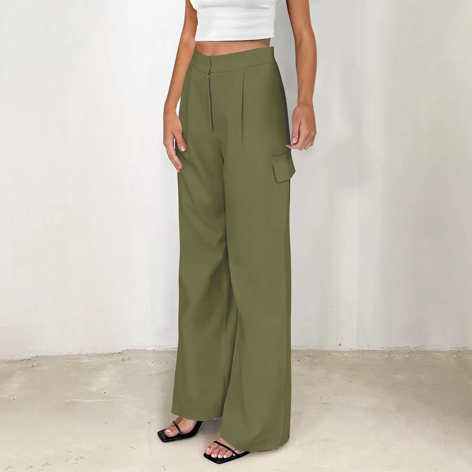 Wide Leg Cargo Pants for Women High Waist Straight Trousers Lightweight Business Casual Dress Pants with Pockets