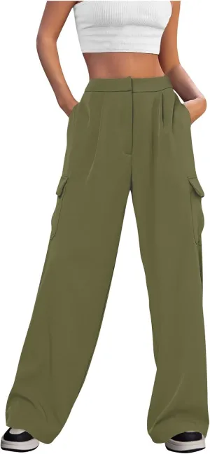 Wide Leg Cargo Pants for Women High Waist Straight Trousers Lightweight Business Casual Dress Pants with Pockets