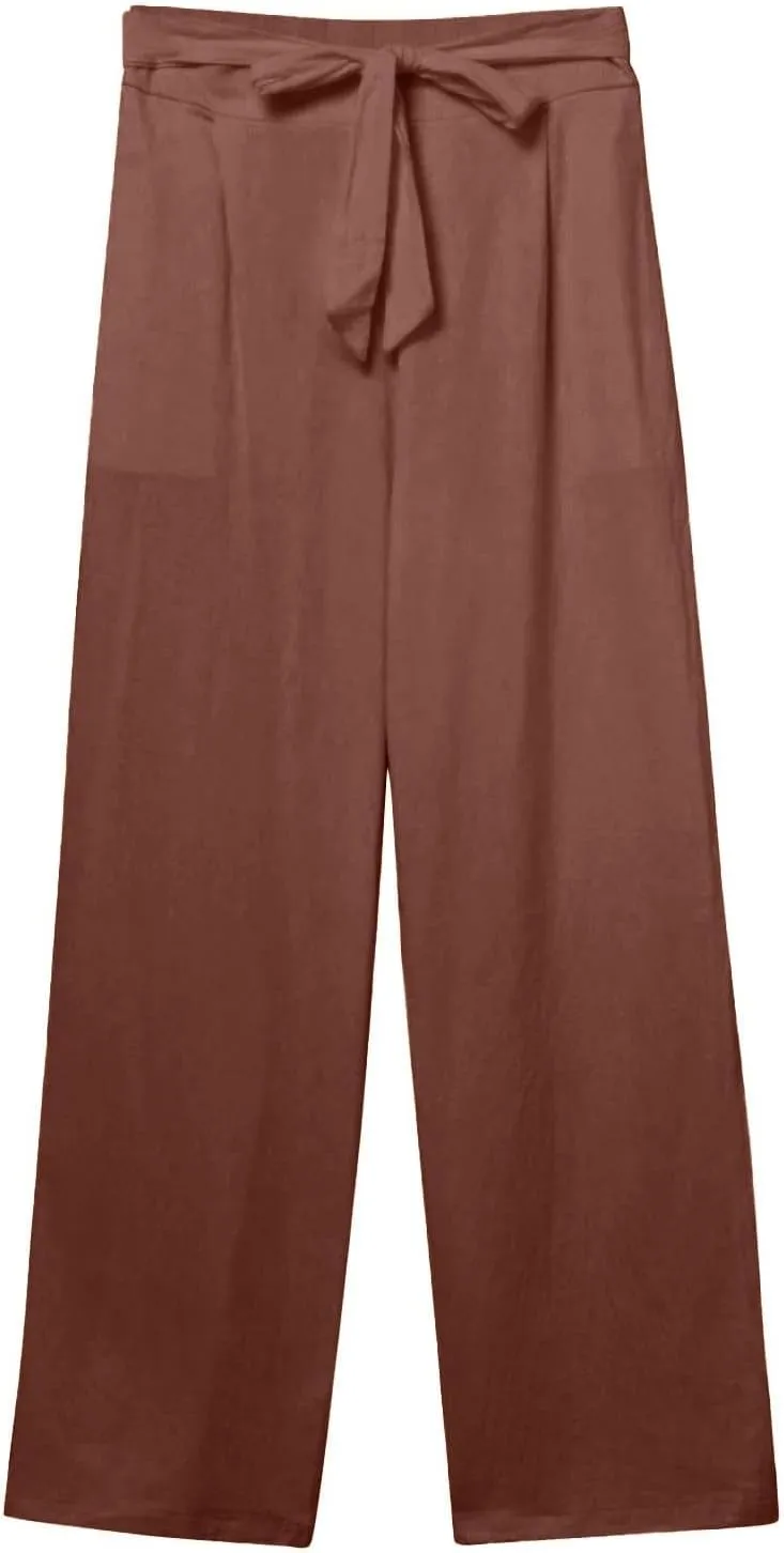 Wide Leg Linen Pants for Women Baggy Lightweight Casual Pants High Waist Drawstring Palazzo Pants Trousers w/Pockets