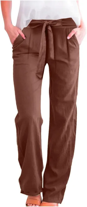 Wide Leg Linen Pants for Women Baggy Lightweight Casual Pants High Waist Drawstring Palazzo Pants Trousers w/Pockets