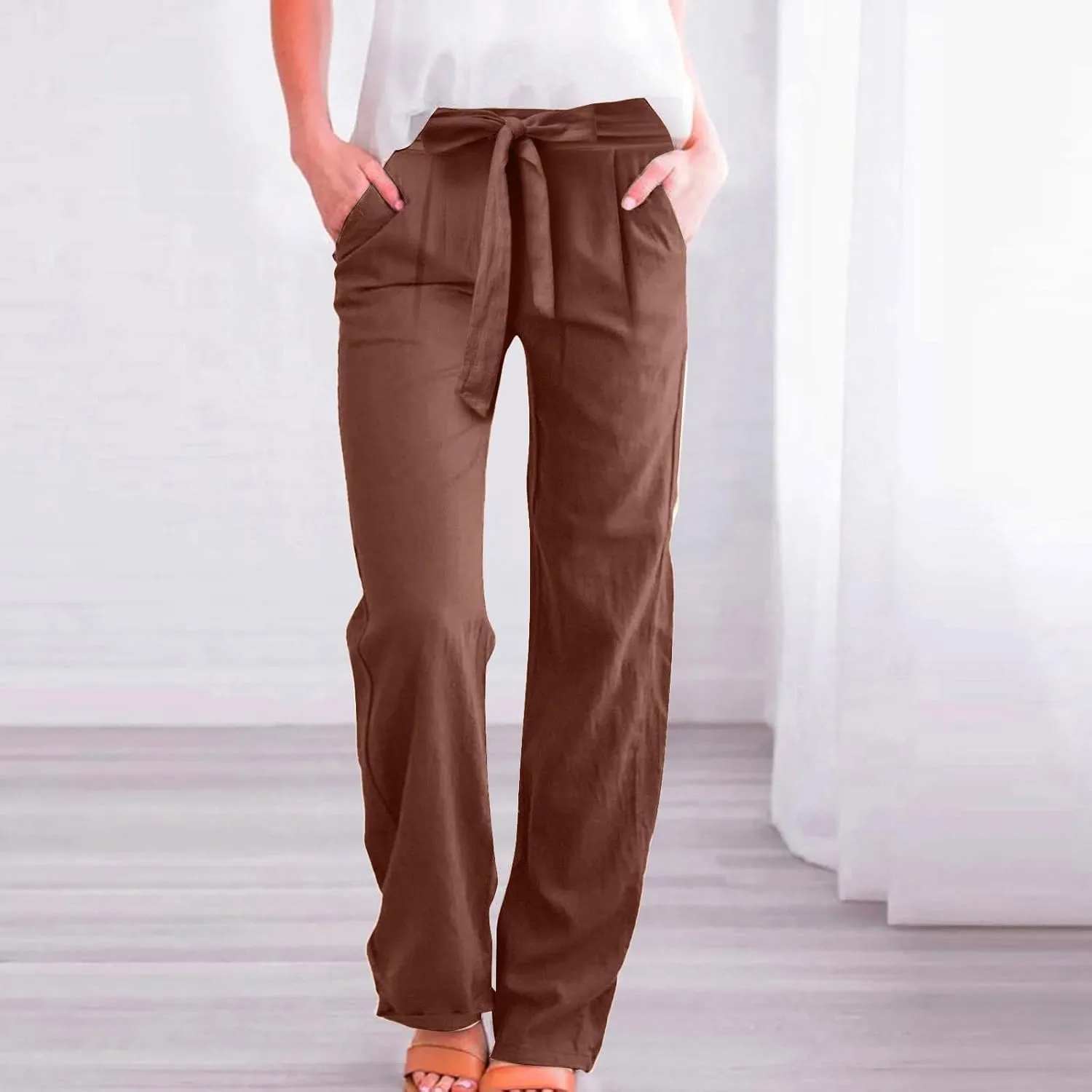 Wide Leg Linen Pants for Women Baggy Lightweight Casual Pants High Waist Drawstring Palazzo Pants Trousers w/Pockets