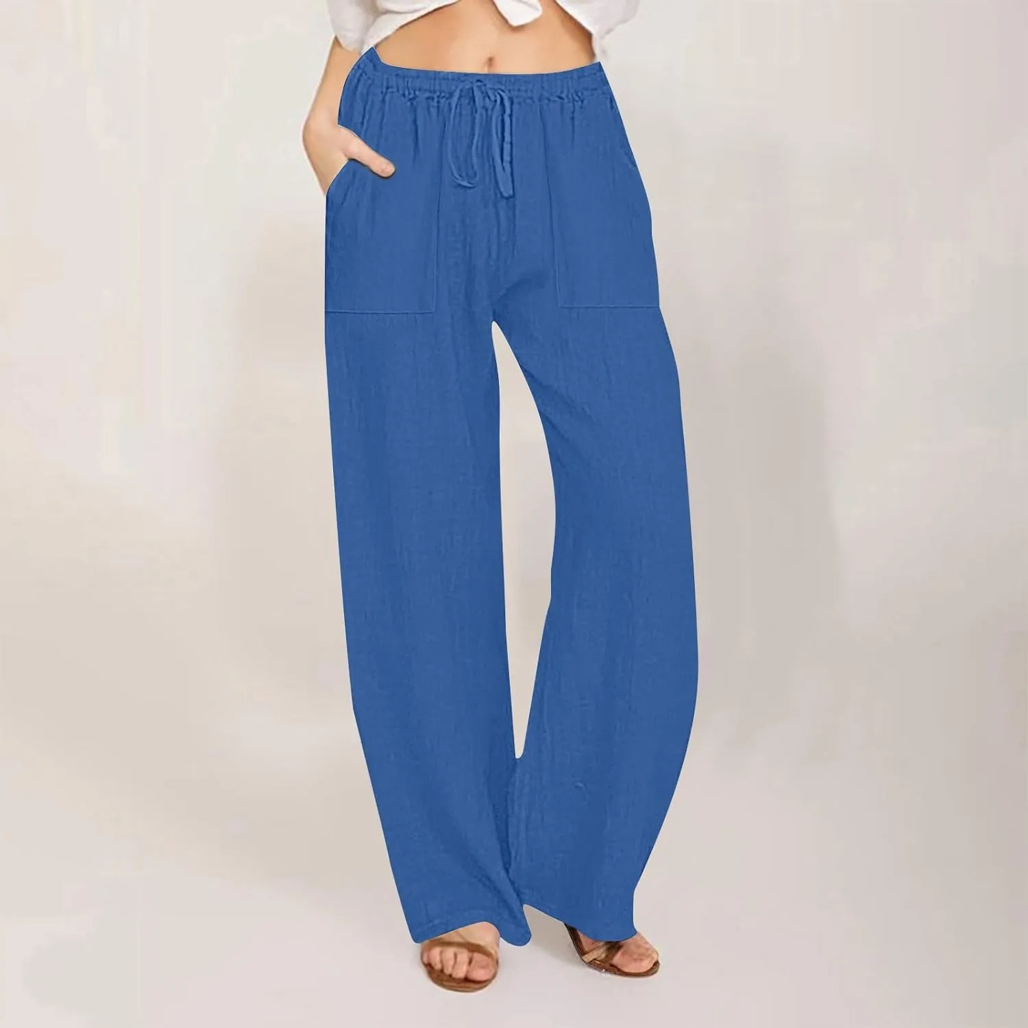 Wide Leg Linen Pants for Women Casual Summer Elastic Waist Loose Palazzo Trousers Flowy Beach Lounge Pants with Pocket