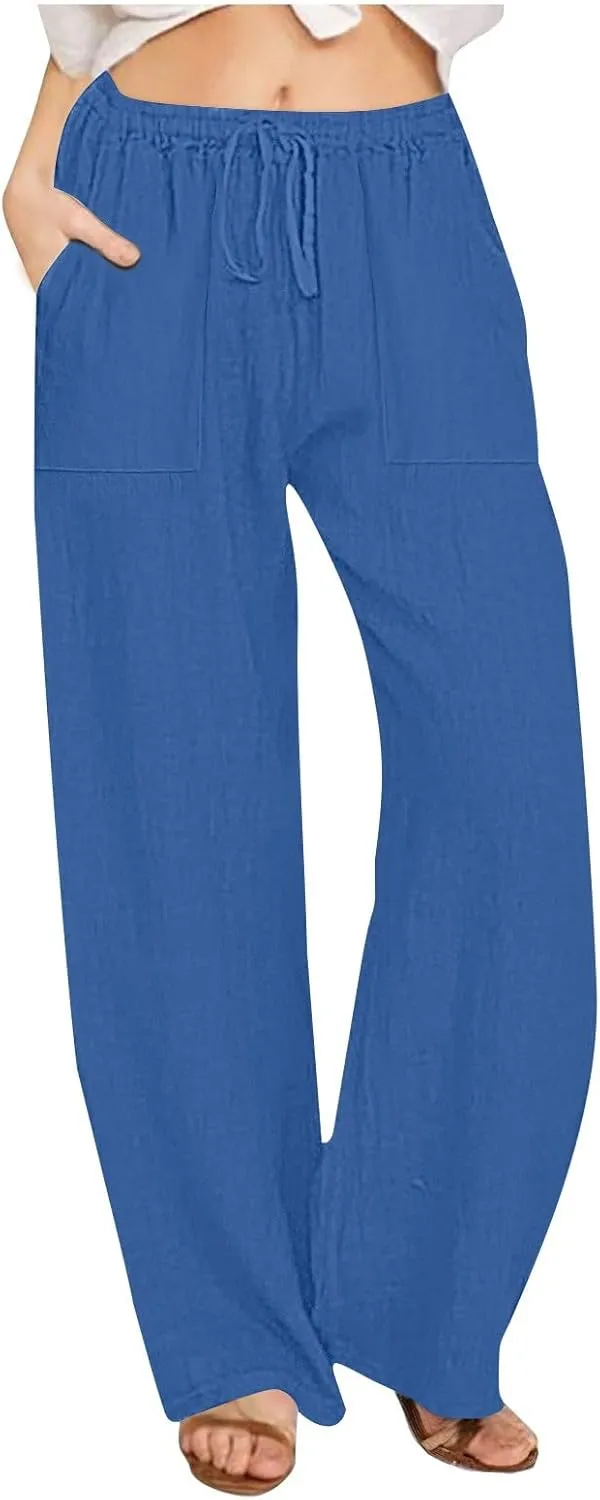 Wide Leg Linen Pants for Women Casual Summer Elastic Waist Loose Palazzo Trousers Flowy Beach Lounge Pants with Pocket