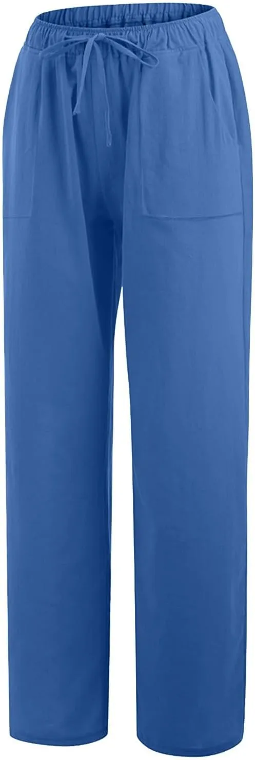 Wide Leg Linen Pants for Women Casual Summer Elastic Waist Loose Palazzo Trousers Flowy Beach Lounge Pants with Pocket