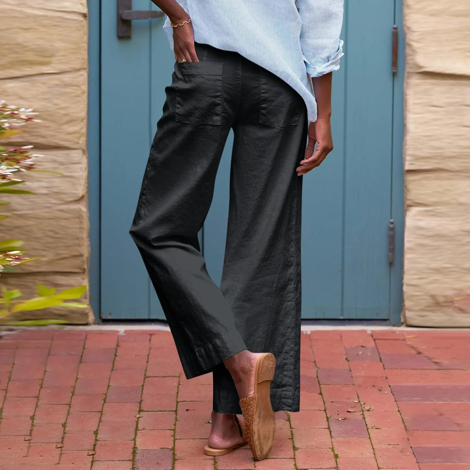 Wide Leg Linen Pants for Women Comfy Elastic Waist Dress Pants Summer Business Casual Palazzo Pants with Pockets