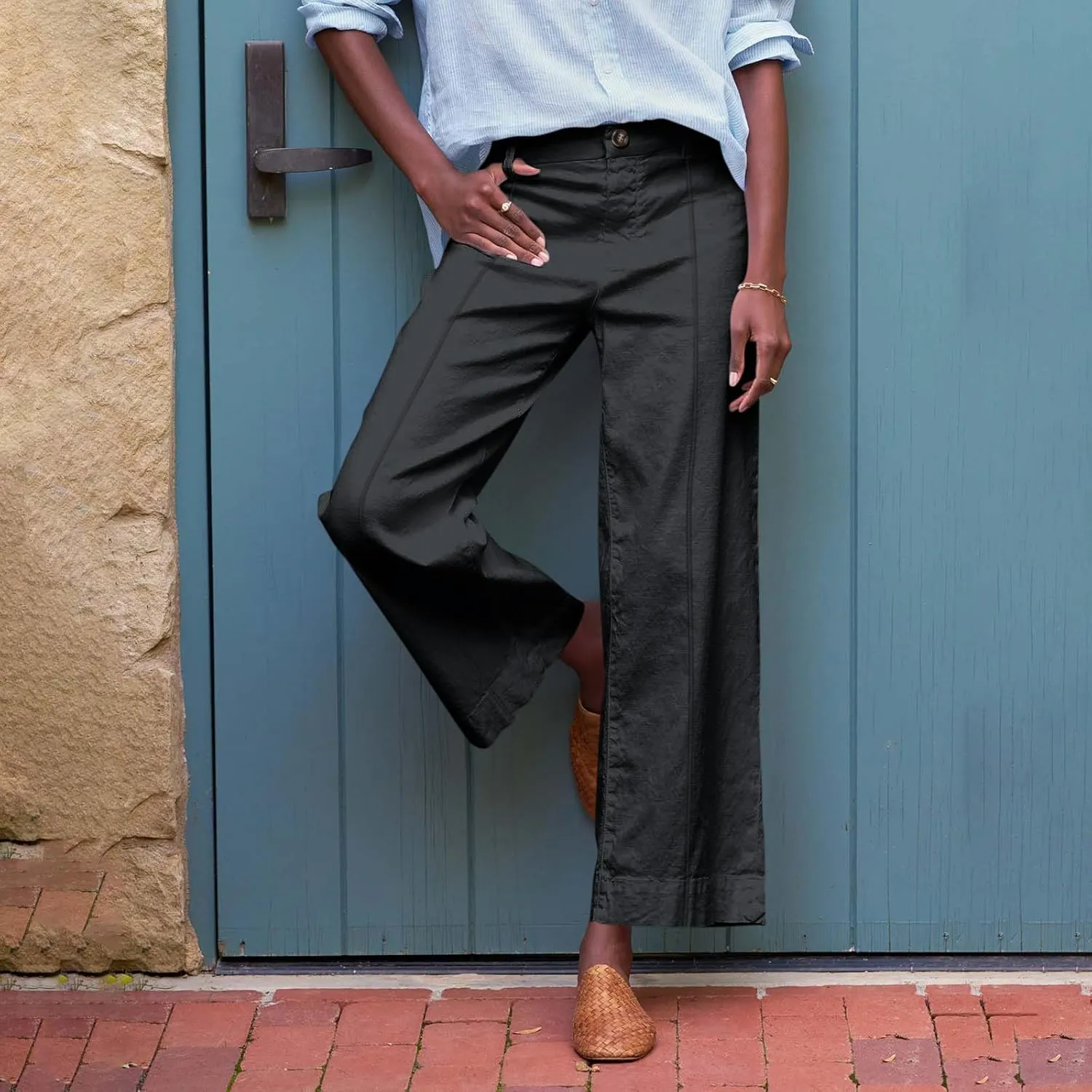 Wide Leg Linen Pants for Women Comfy Elastic Waist Dress Pants Summer Business Casual Palazzo Pants with Pockets
