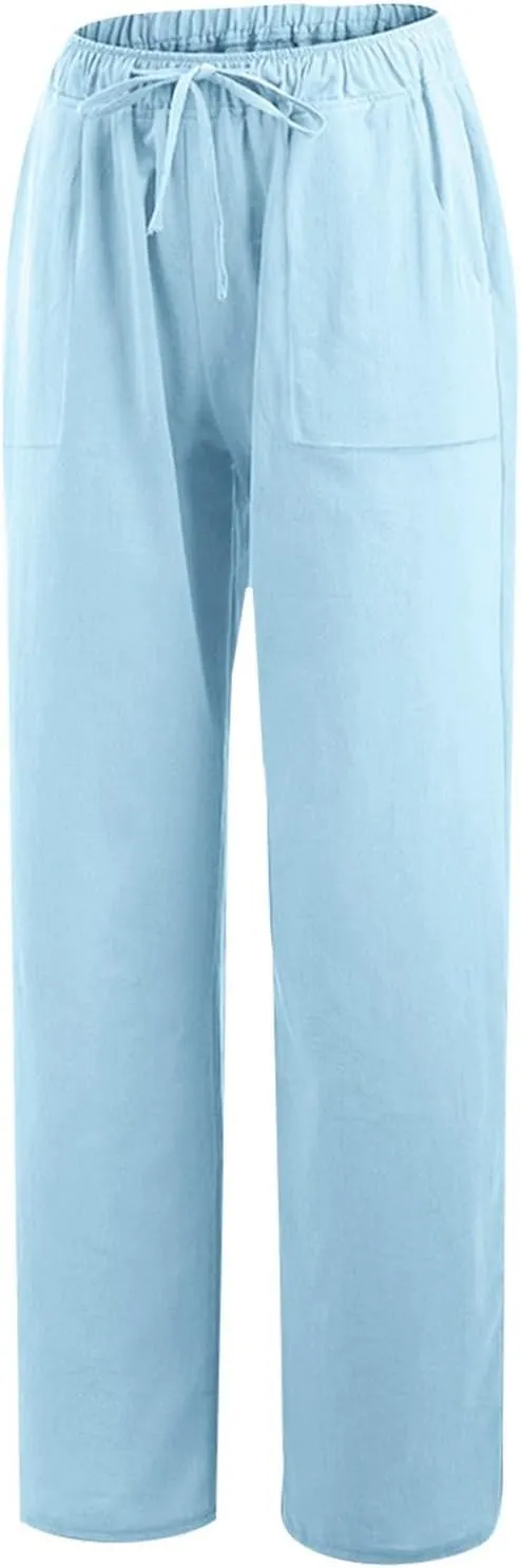 Wide Leg Linen Pants Women Casual Summer Elastic Waist Loose Palazzo Trousers Flowy Beach Lounge Pants with Pockets