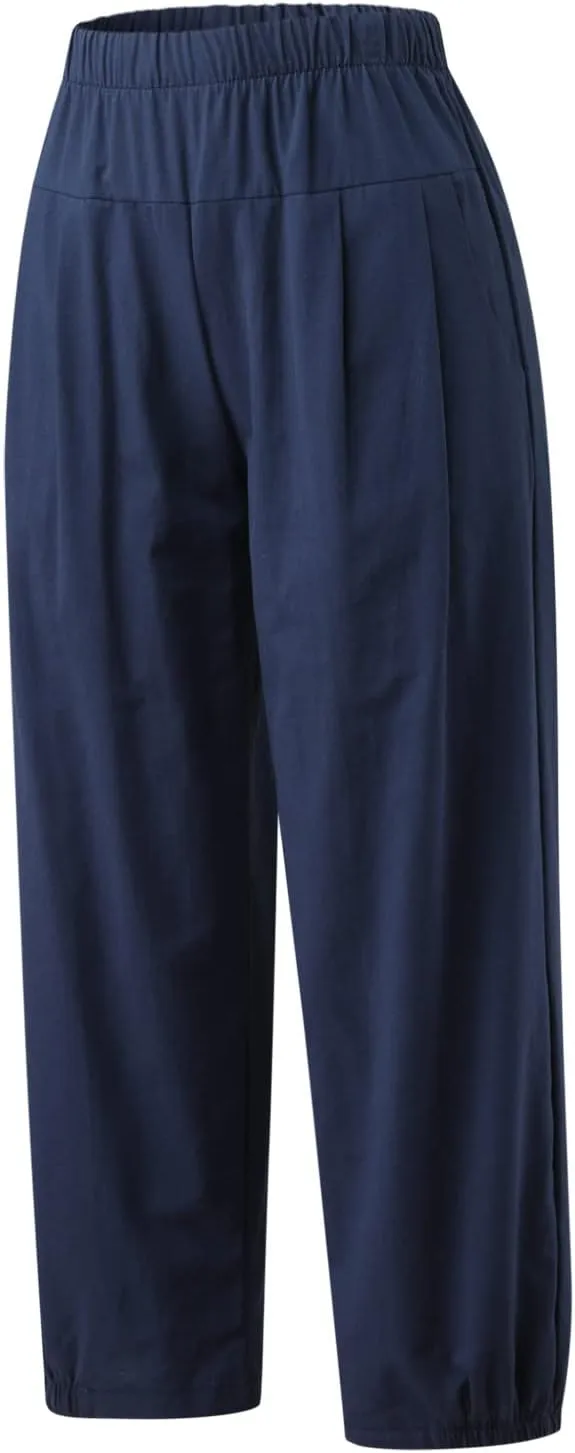 Wide Leg Lounge Pants for Women High Waist Cotton Linen Cropped Pant Dressy Casual Summer Trousers with Pockets