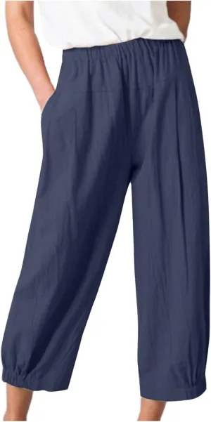 Wide Leg Lounge Pants for Women High Waist Cotton Linen Cropped Pant Dressy Casual Summer Trousers with Pockets