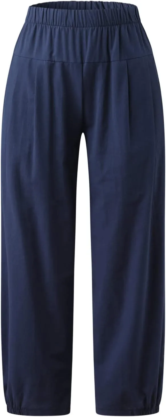 Wide Leg Lounge Pants for Women High Waist Cotton Linen Cropped Pant Dressy Casual Summer Trousers with Pockets
