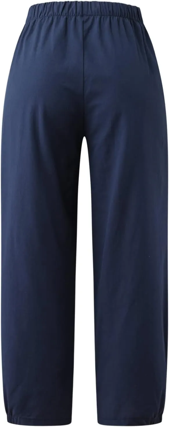 Wide Leg Lounge Pants for Women High Waist Cotton Linen Cropped Pant Dressy Casual Summer Trousers with Pockets
