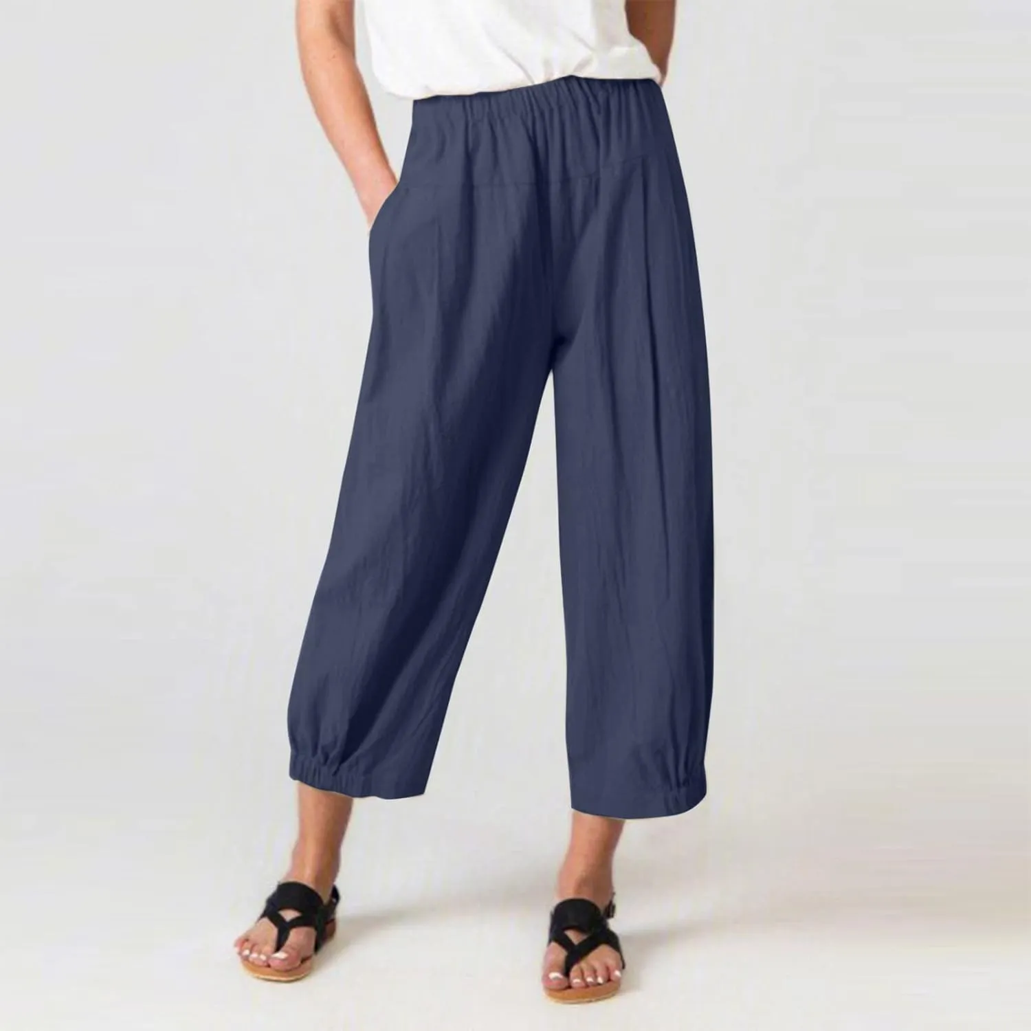 Wide Leg Lounge Pants for Women High Waist Cotton Linen Cropped Pant Dressy Casual Summer Trousers with Pockets