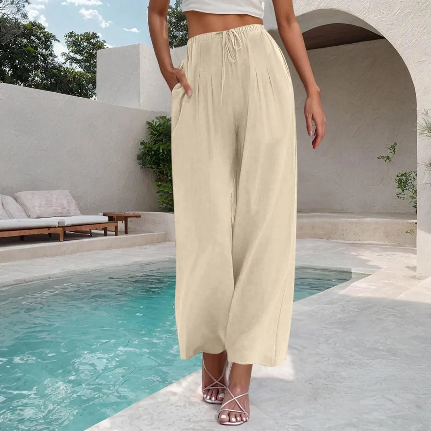 Wide Leg Pants for Woman Palazzo Trousers High Waisted Drawstring Summer Casual Business Work Beach Vacation Pants