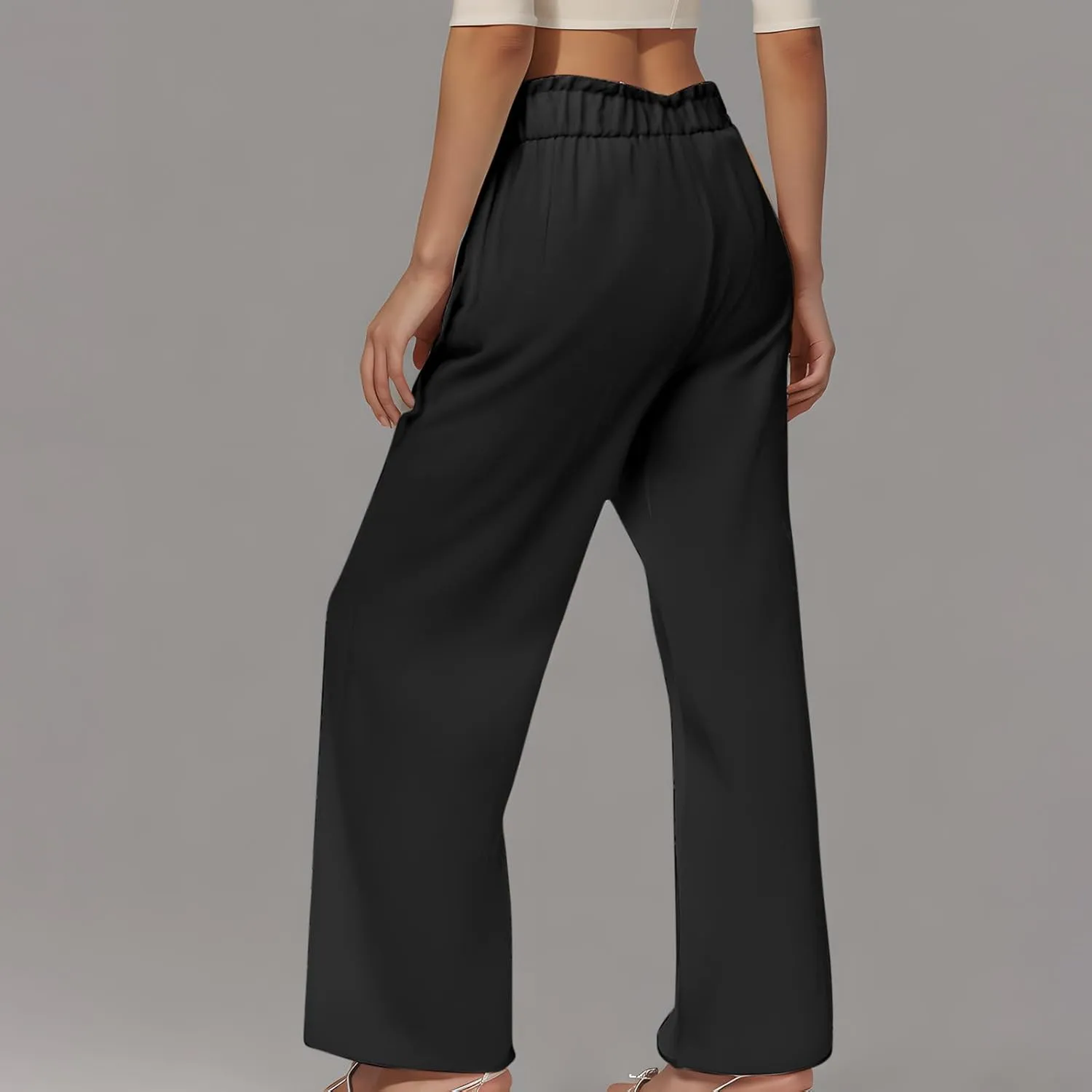 Wide Leg Summer Pants for Women Drawstring Elastic Waist Linen Trousers Lightweight Beach Palazzo Outfit with Pockets