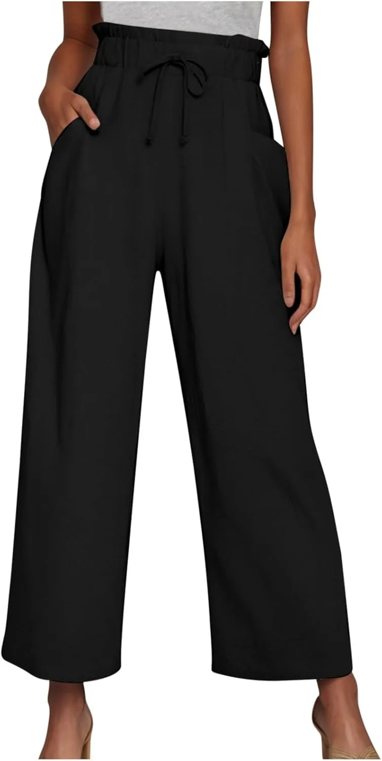 Wide Leg Summer Pants for Women Drawstring Elastic Waist Linen Trousers Lightweight Beach Palazzo Outfit with Pockets