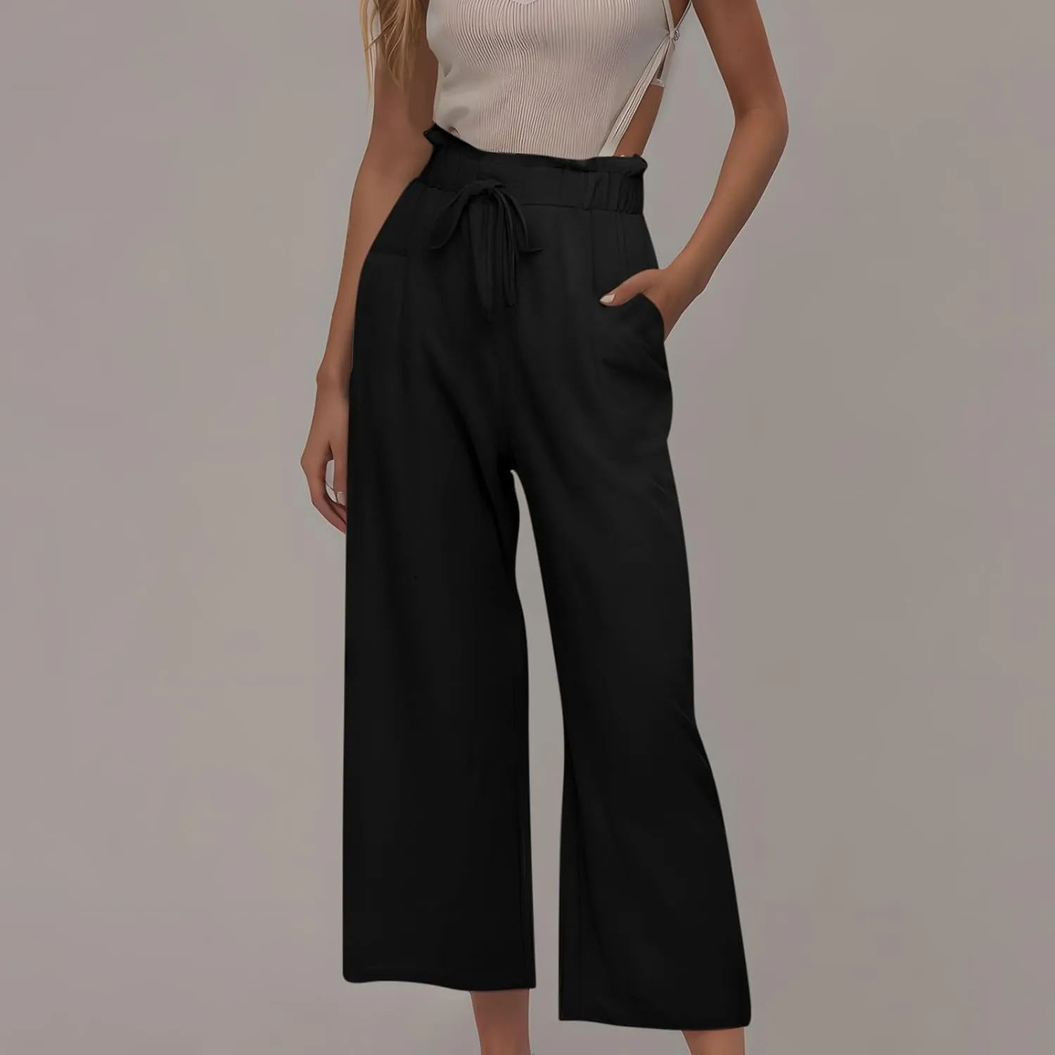Wide Leg Summer Pants for Women Drawstring Elastic Waist Linen Trousers Lightweight Beach Palazzo Outfit with Pockets