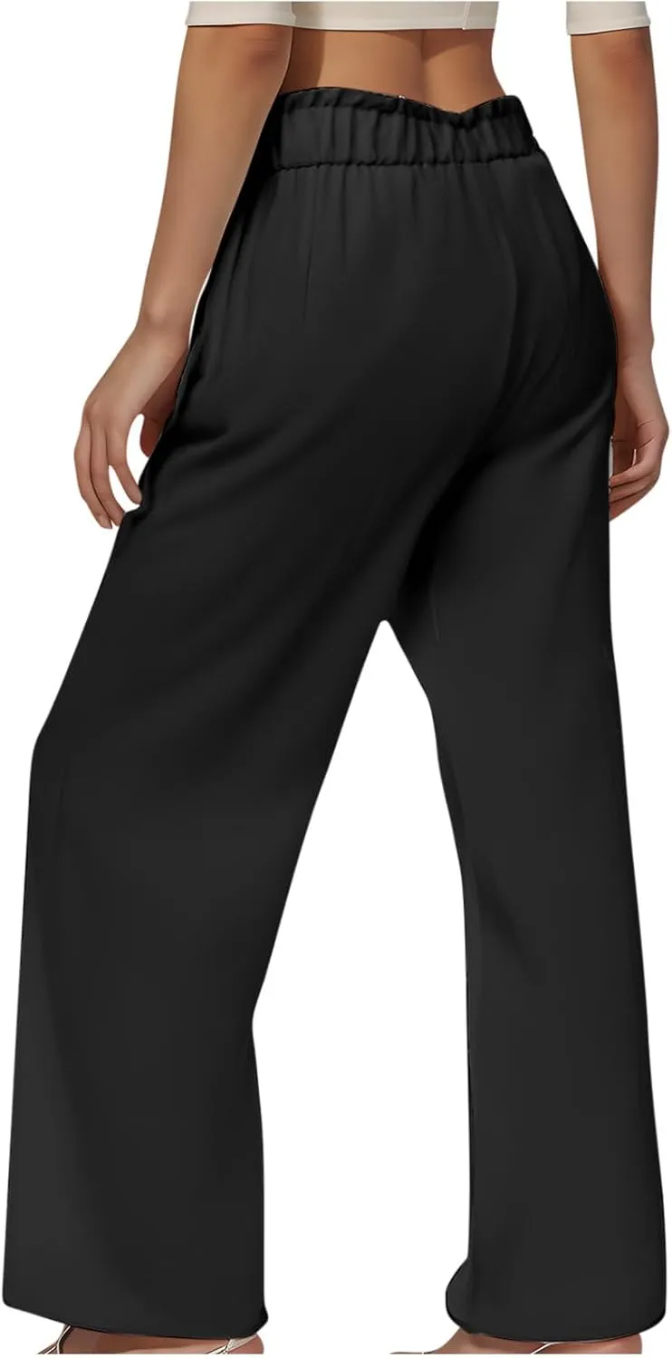 Wide Leg Summer Pants for Women Drawstring Elastic Waist Linen Trousers Lightweight Beach Palazzo Outfit with Pockets