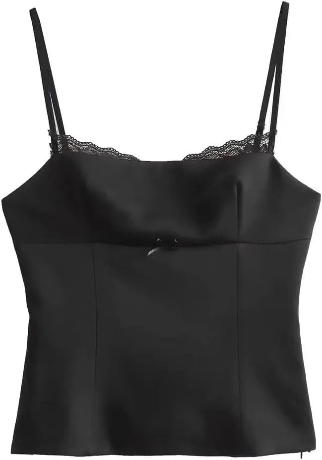 Women Backless Lace Hem Side Zipper Camisole Vintage Thin Straps Square Neck Tops