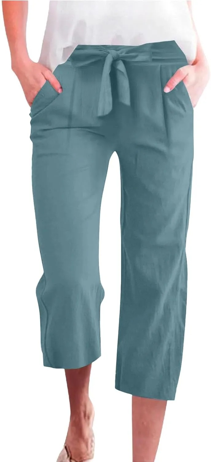 Women Capri Pants Casual Summer Loose Wide Leg Linen Pants Trendy Tie Belt Elastic Waist Cropped Trouser with Pockets