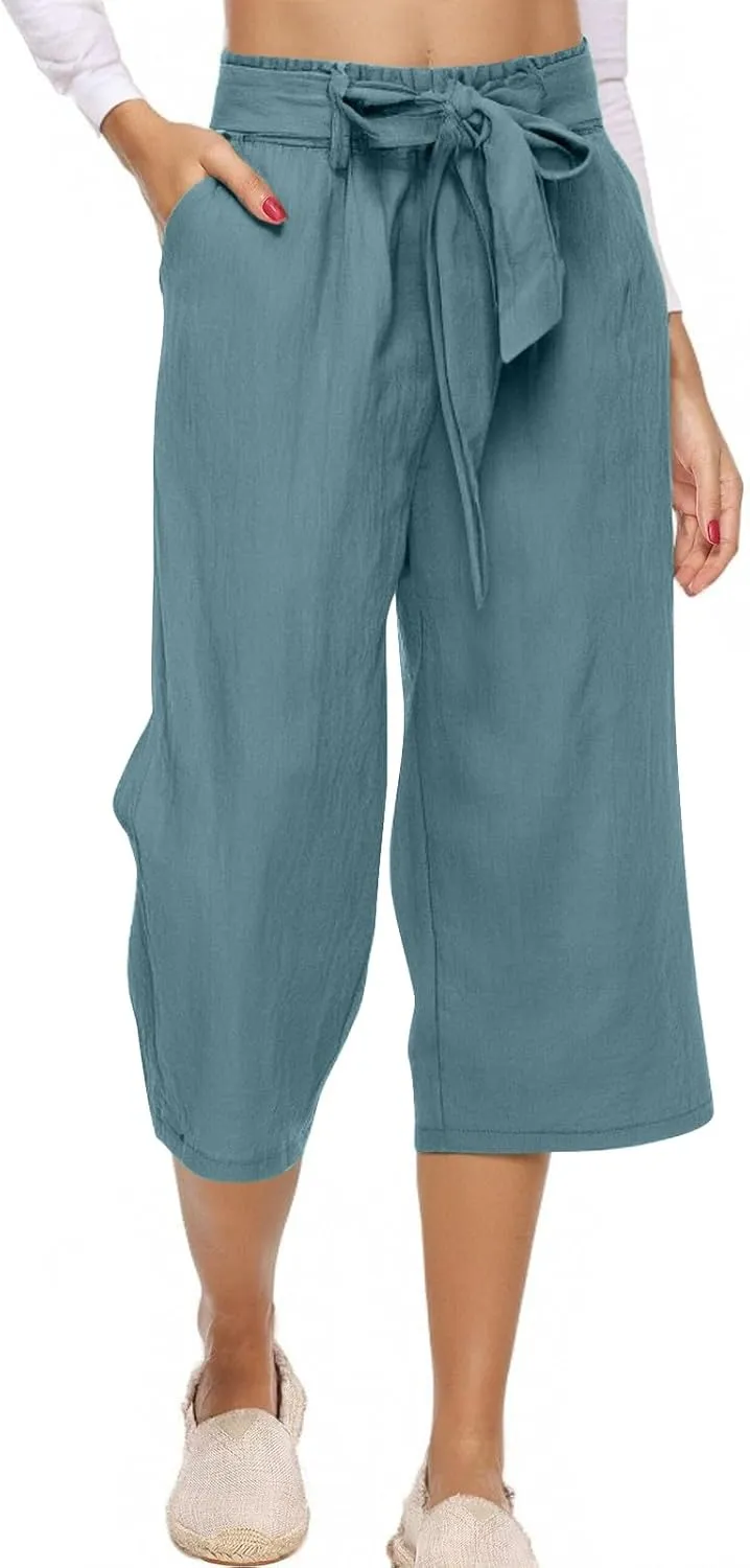 Women Capri Pants Casual Summer Loose Wide Leg Linen Pants Trendy Tie Belt Elastic Waist Cropped Trouser with Pockets