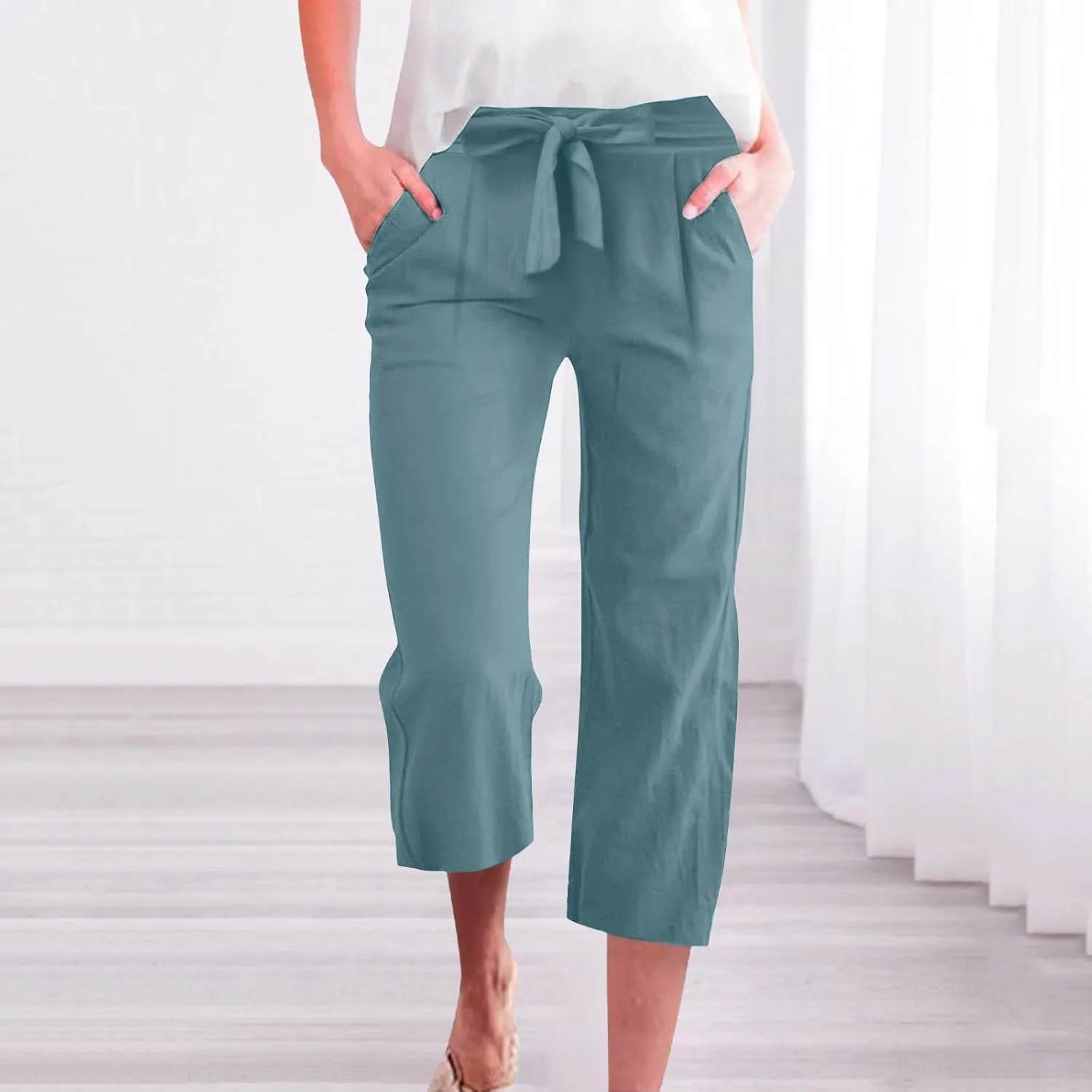 Women Capri Pants Casual Summer Loose Wide Leg Linen Pants Trendy Tie Belt Elastic Waist Cropped Trouser with Pockets