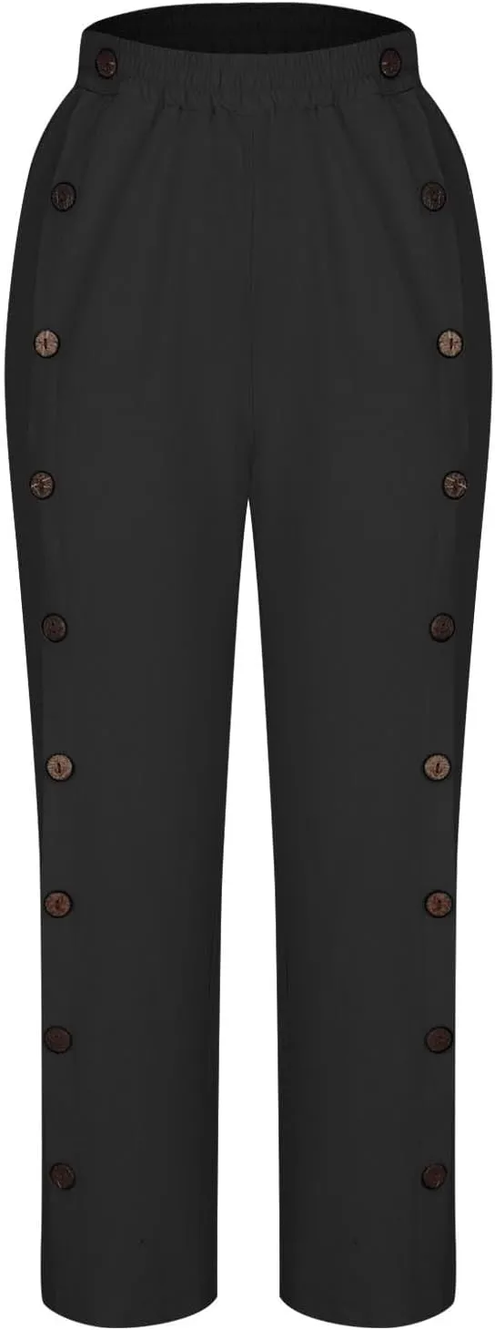 Women Cotton Linen Pants Side Button Casaul Summer Wide Leg Pant Elastic High Waist Straight Trousers 2025 Trendy
