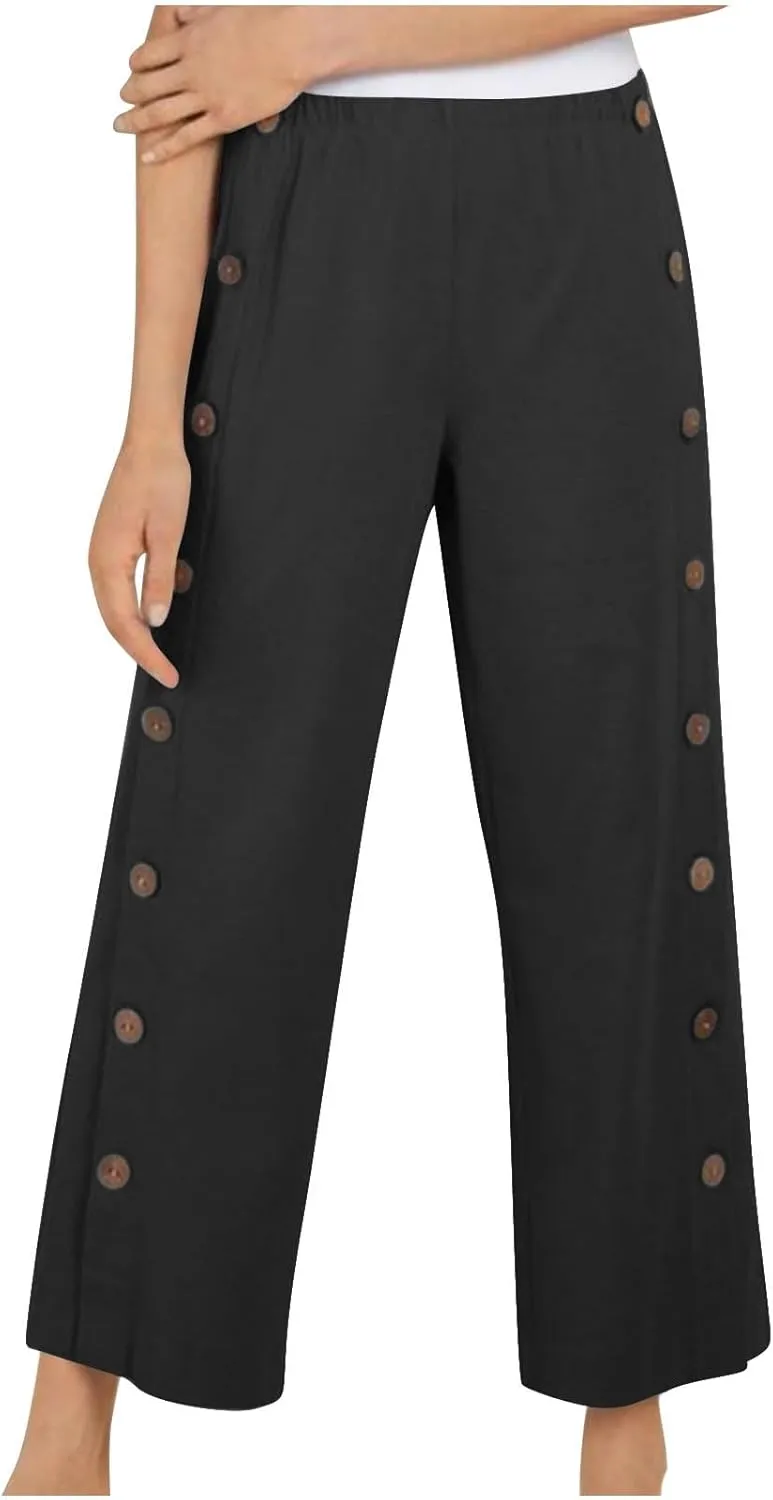 Women Cotton Linen Pants Side Button Casaul Summer Wide Leg Pant Elastic High Waist Straight Trousers 2025 Trendy