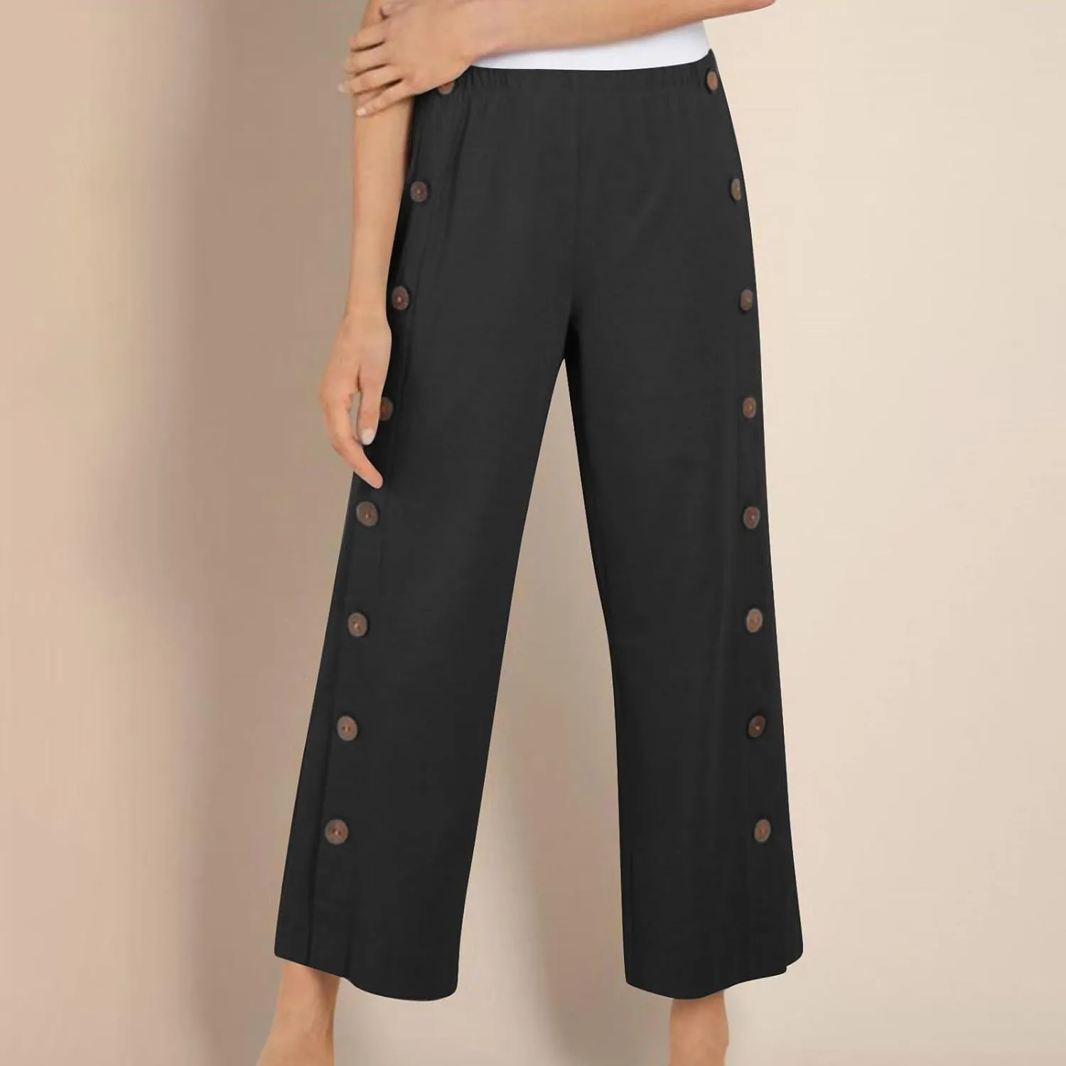Women Cotton Linen Pants Side Button Casaul Summer Wide Leg Pant Elastic High Waist Straight Trousers 2025 Trendy