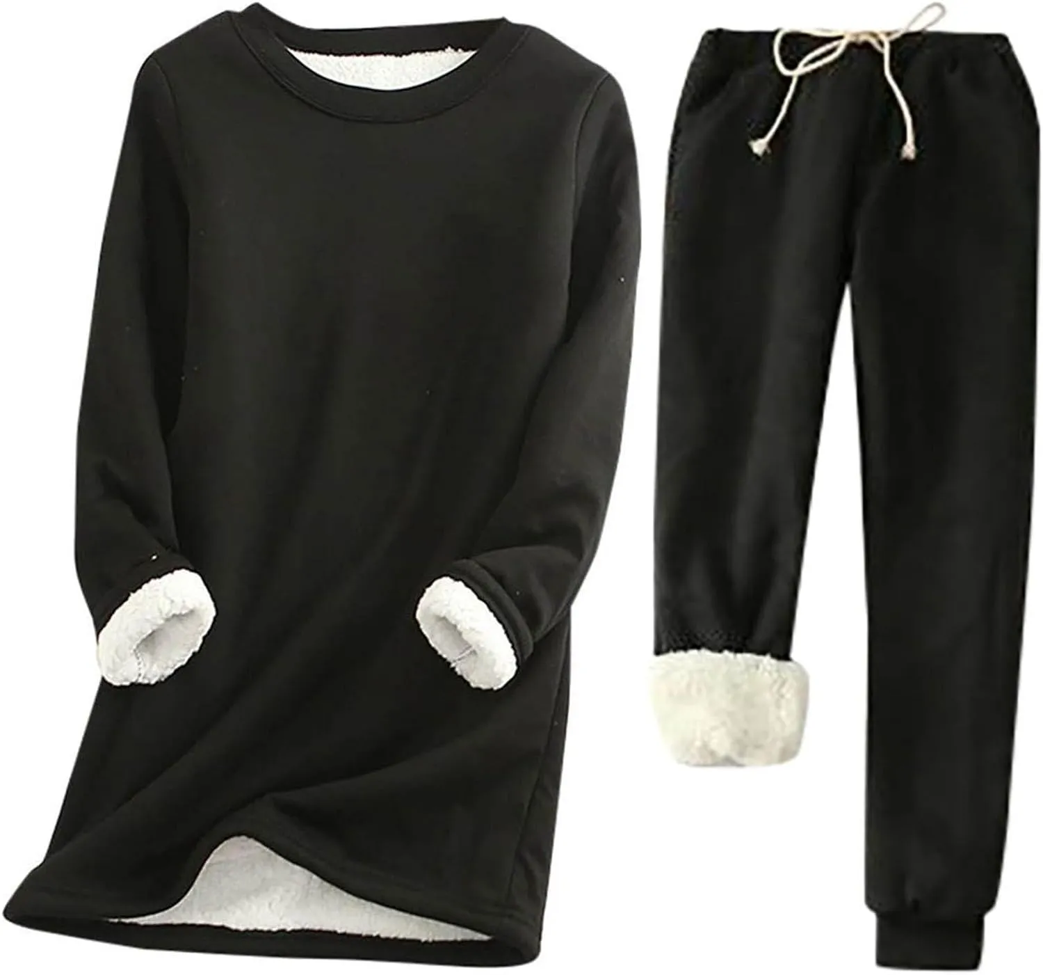 Women Fleece Thicken Loungewear Suit Solid Color Long Sleeve Pullover Drawstring Pants Winter Warm Velvet Pajamas Set