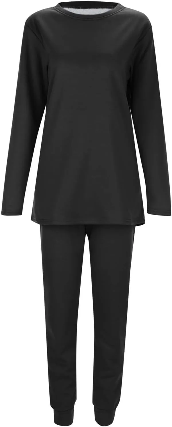 Women Fleece Thicken Loungewear Suit Solid Color Long Sleeve Pullover Drawstring Pants Winter Warm Velvet Pajamas Set