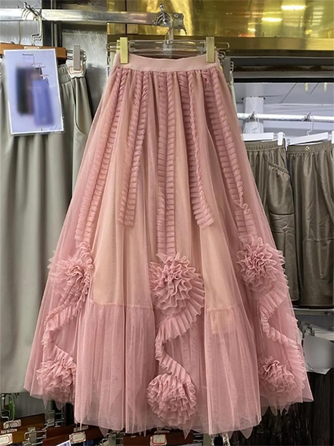 Women High Waist Elastic Floral Tulle Mesh Skirt Womens Pleated A-Line Swing Midi Skirt