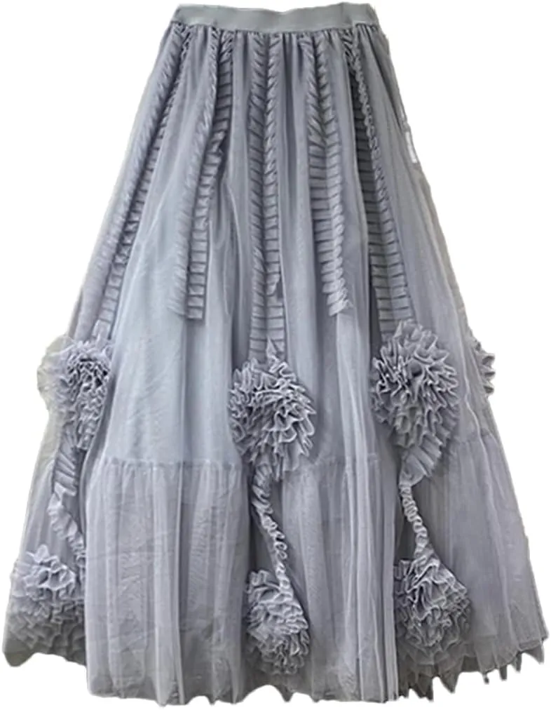 Women High Waist Elastic Floral Tulle Mesh Skirt Womens Pleated A-Line Swing Midi Skirt