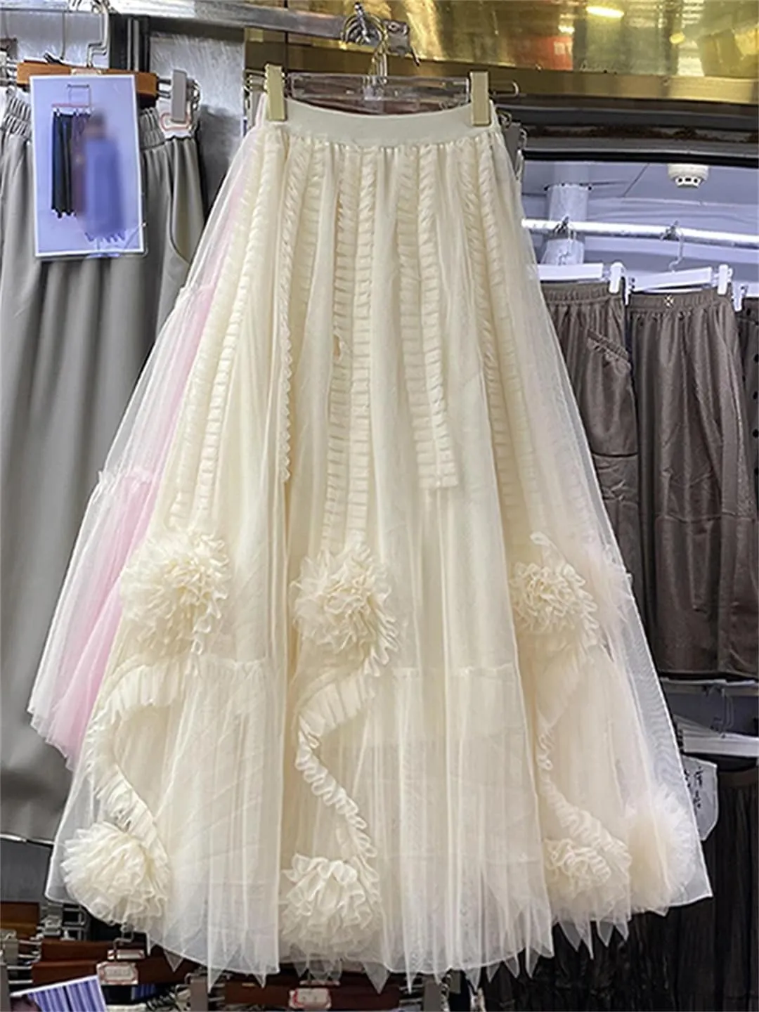 Women High Waist Elastic Floral Tulle Mesh Skirt Womens Pleated A-Line Swing Midi Skirt