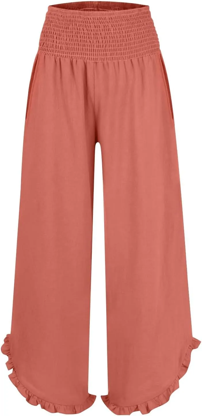 Women High Waisted Palazzo Linen Pants Trendy Pleated Irregular Cotton Linen Trouser Oversize Work Dressy Casaul Pant