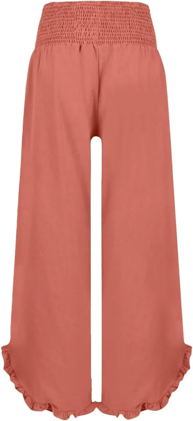 Women High Waisted Palazzo Linen Pants Trendy Pleated Irregular Cotton Linen Trouser Oversize Work Dressy Casaul Pant