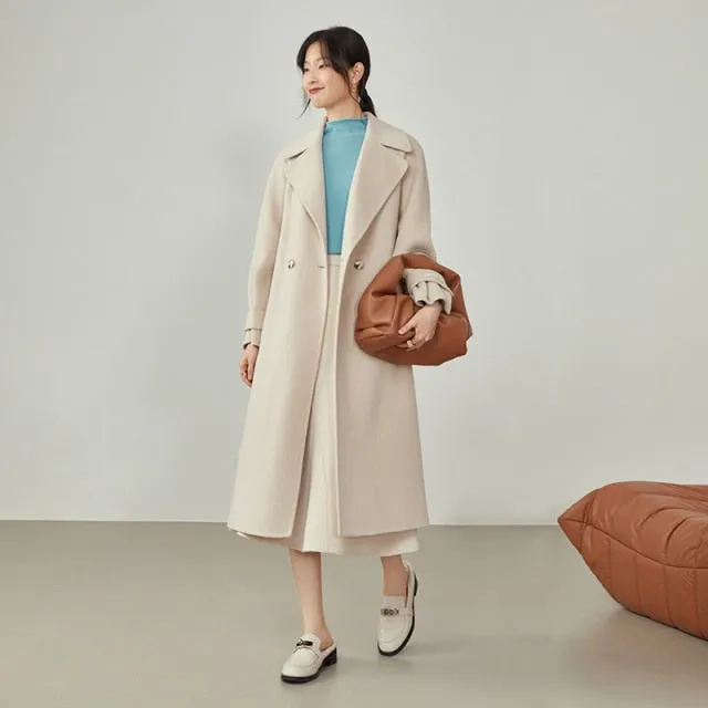 Women Lapel Dark Blue Woolen Coat Mid-length Beige Long Double-sided Cashmere Coats Belt Design Women Commuter Jacket