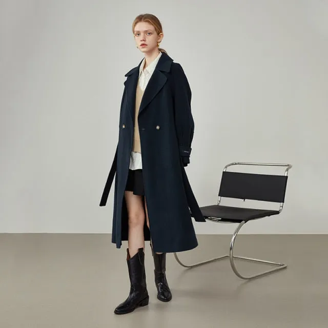 Women Lapel Dark Blue Woolen Coat Mid-length Beige Long Double-sided Cashmere Coats Belt Design Women Commuter Jacket