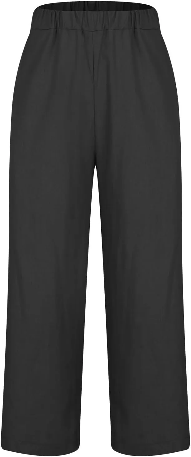 Women Linen Pants 2025 Summer Elastic Waist Straight Leg Lounge Pant Casual Lightweight Beach Trousers with Pockets