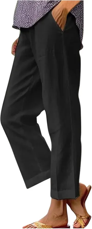 Women Linen Pants 2025 Summer Elastic Waist Straight Leg Lounge Pant Casual Lightweight Beach Trousers with Pockets