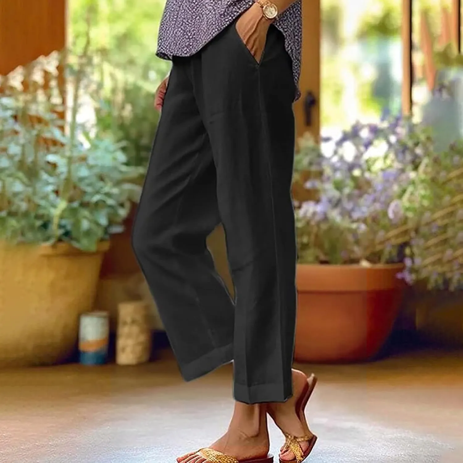 Women Linen Pants 2025 Summer Elastic Waist Straight Leg Lounge Pant Casual Lightweight Beach Trousers with Pockets