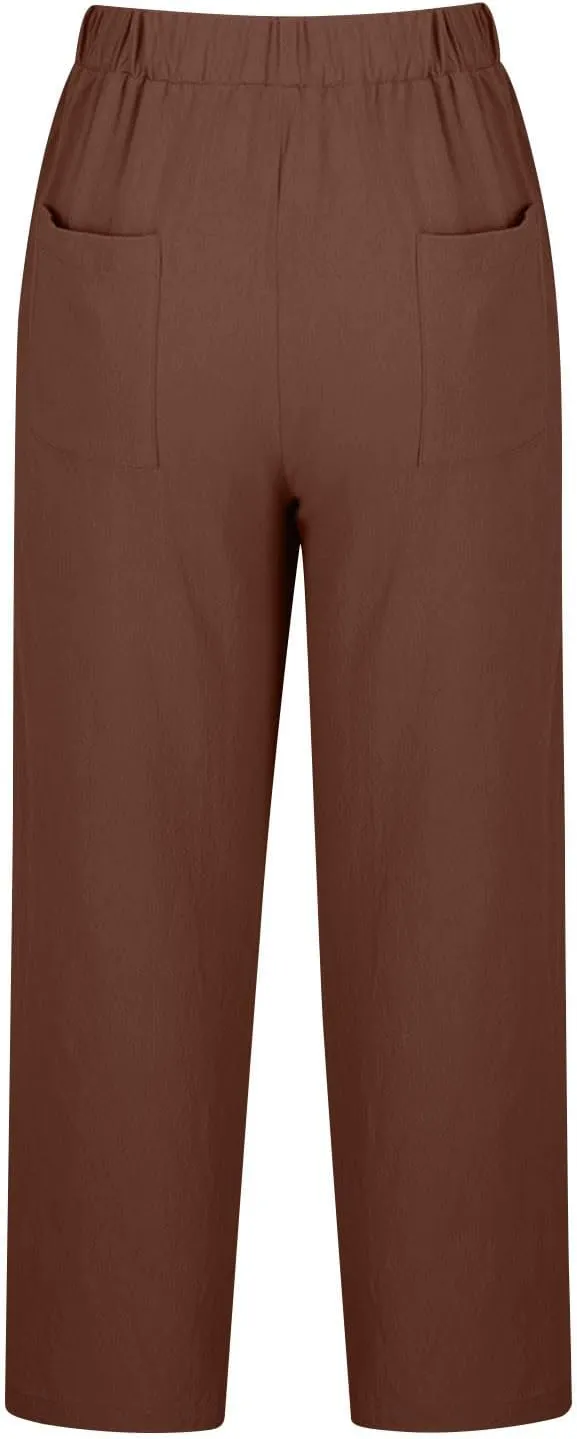 Women Linen Pants Capri Lightweight Spring Summer Pants for Beach Elastic Drawstring Wide Leg Trousers with Pockets