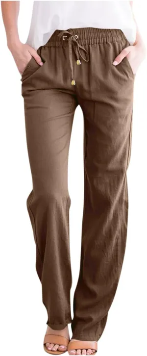 Women Linen Pants Casual Drawstring High Waisted Boho Palazzo Pants Lightweight Loose Summer Pants with Pockets