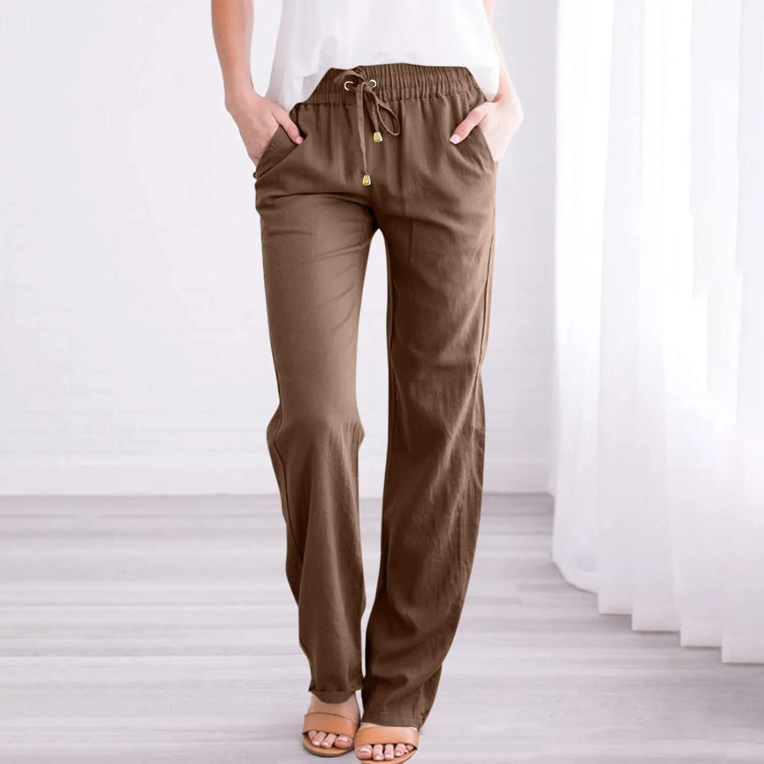 Women Linen Pants Casual Drawstring High Waisted Boho Palazzo Pants Lightweight Loose Summer Pants with Pockets