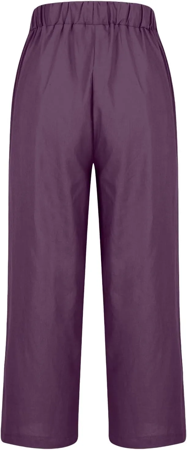 Women Plus Size Casual Pants Summer Cotton Linen Loose Fit Wide Leg Straight Trousers Lightweight Pant with Pockets