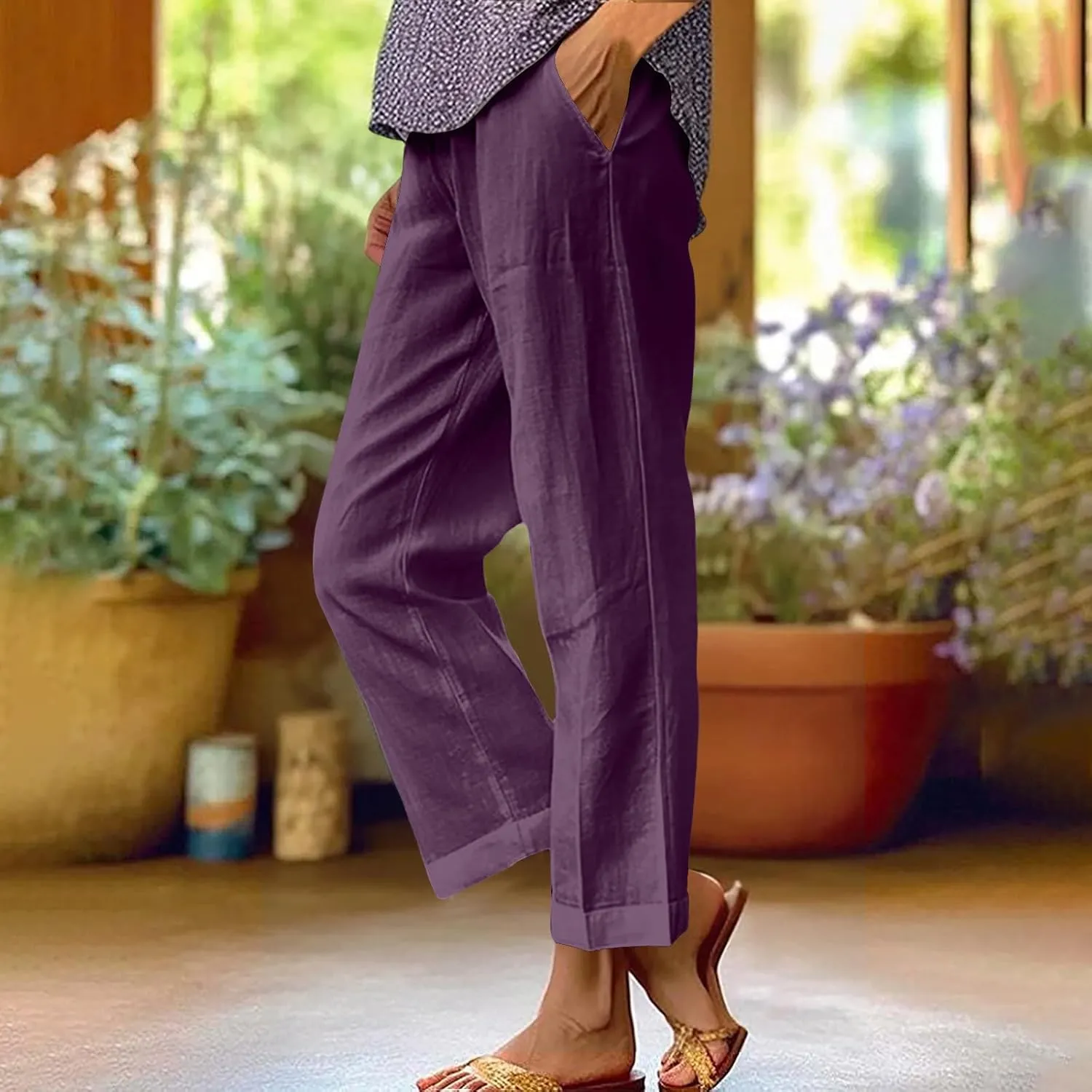 Women Plus Size Casual Pants Summer Cotton Linen Loose Fit Wide Leg Straight Trousers Lightweight Pant with Pockets