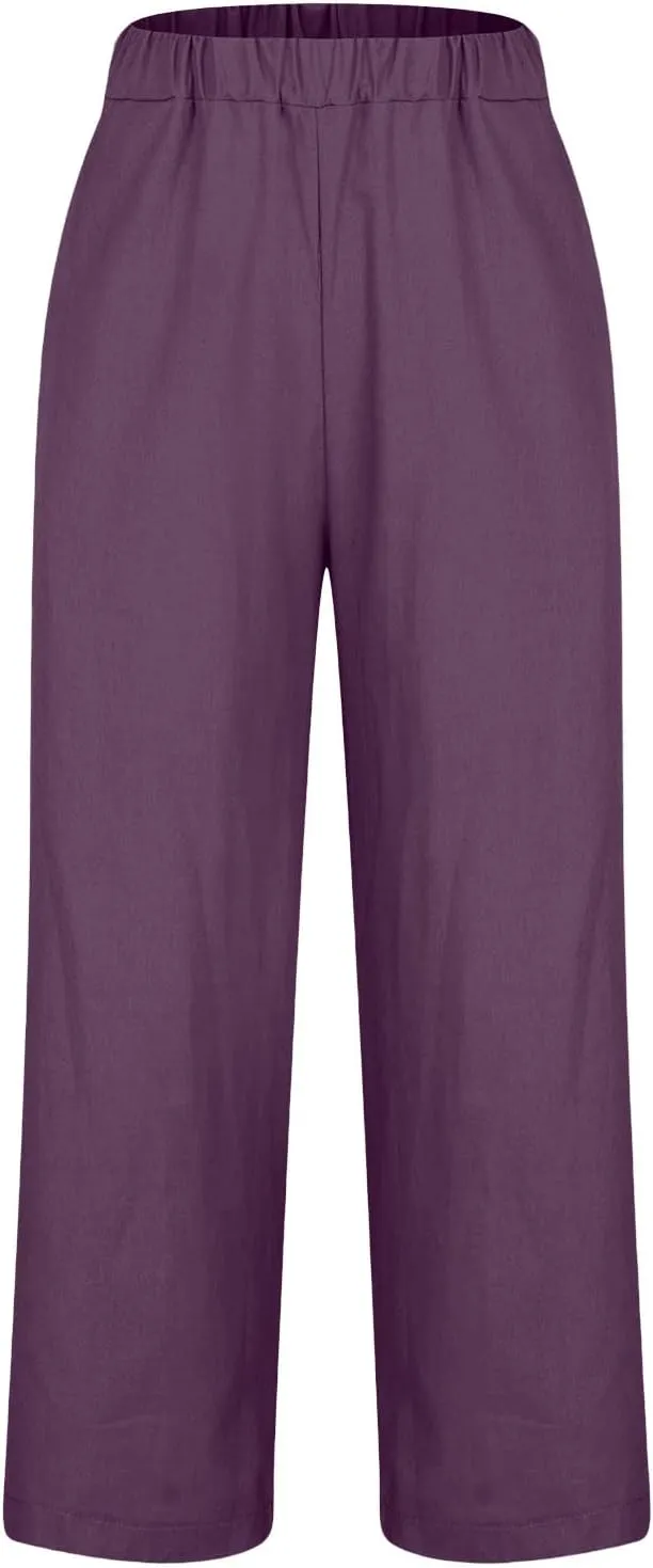 Women Plus Size Casual Pants Summer Cotton Linen Loose Fit Wide Leg Straight Trousers Lightweight Pant with Pockets