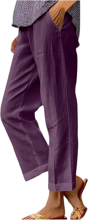 Women Plus Size Casual Pants Summer Cotton Linen Loose Fit Wide Leg Straight Trousers Lightweight Pant with Pockets
