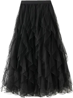 Women Ruffle Tulle Skirt Elastic High Waist Mesh Skirt Casual Midi Long Pleated Skirt