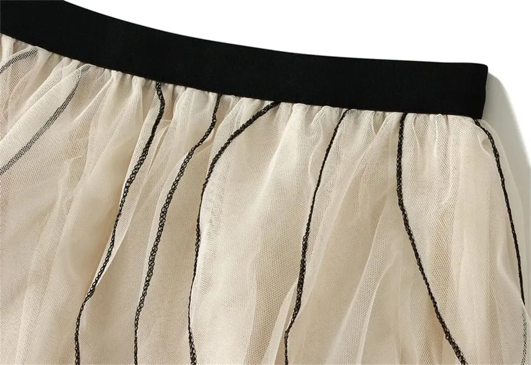Women Ruffle Tulle Skirt Elastic High Waist Mesh Skirt Casual Midi Long Pleated Skirt