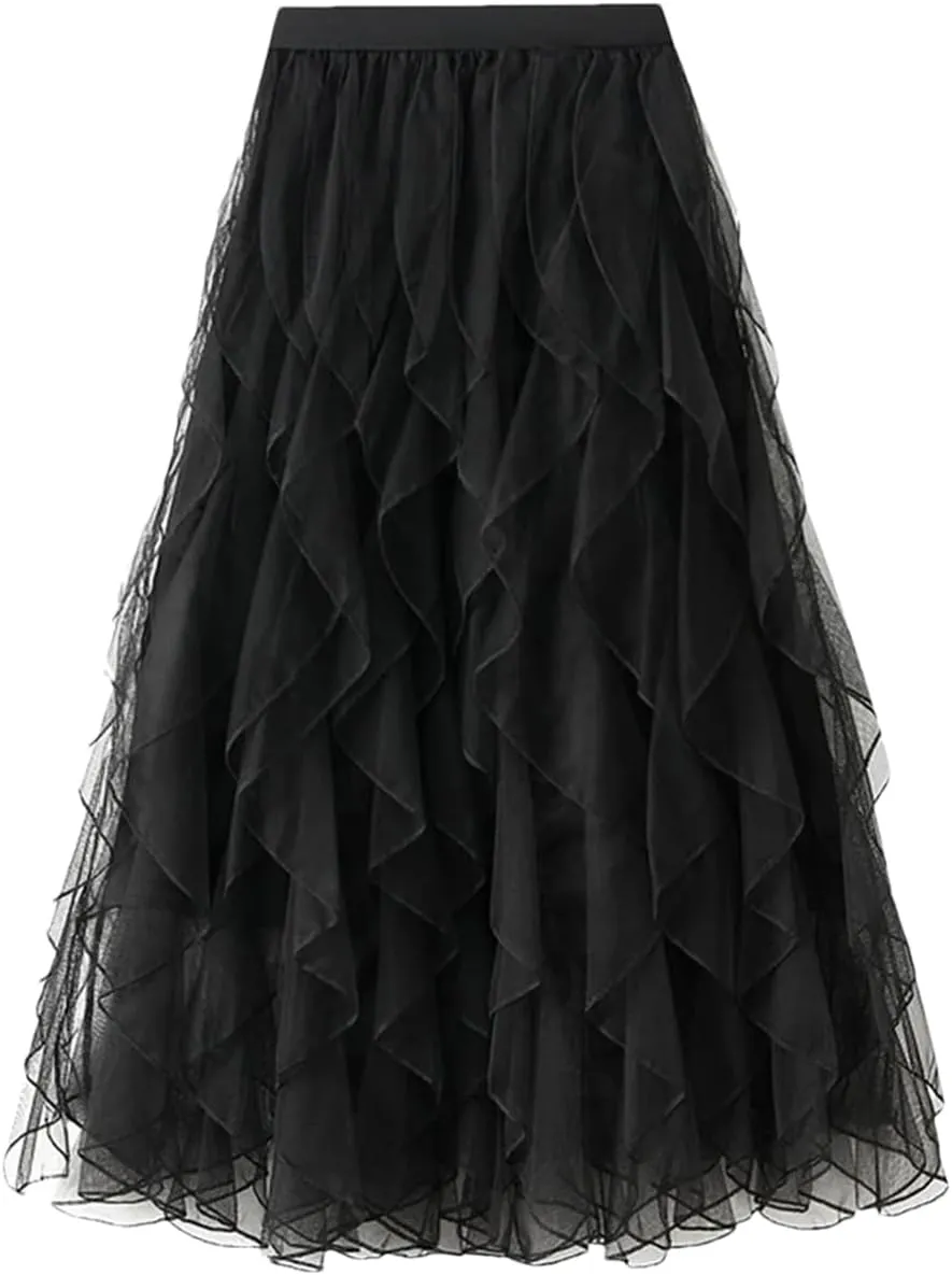 Women Ruffle Tulle Skirt Elastic High Waist Mesh Skirt Casual Midi Long Pleated Skirt